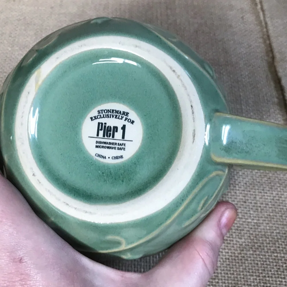 Pier 1 Light Green Embossed Stackable Teapot Coffee Mug Cottage Core Coastal